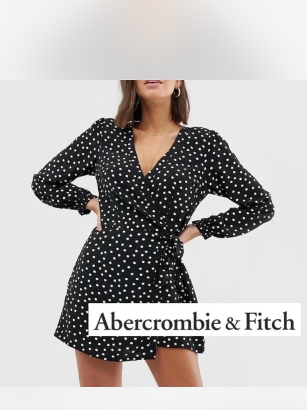 Abercrombie & Fitch Black and White Polka Dot Wrap Mini Dress